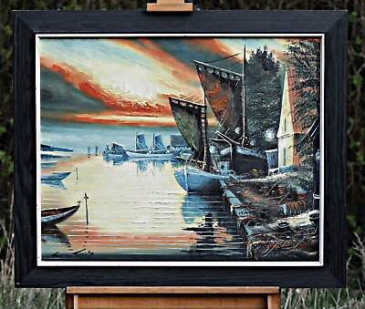#ad RICHARD FRIIS 1924 BOATS ON THE SHORE AT NIGHT INTERESTING OIL PAINTING EUR 399.00