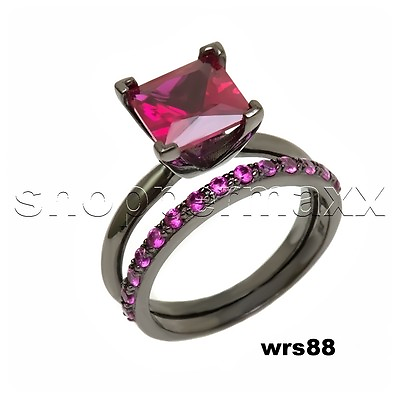 #ad Pink Princess CZ Black Rhodium Solitaire Engagement Wedding Ring Set $27.20