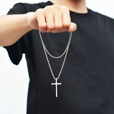 #ad #ad Silver Cross Necklace Men Women Stainless Steel Chain Crucifix Pendant Necklace $6.99