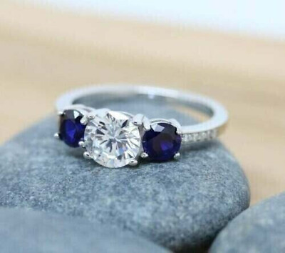 #ad Women Sapphire Engagement Three Stone Ring 2.4 CT Cubic Zirconia 14K White Gold $251.89
