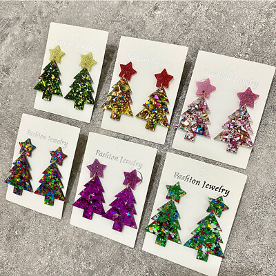 #ad Bright Color Glitter Acrylic Christmas Tree and Star Earrings Women Holiday Gift $2.39