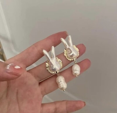 #ad Cute Baroque Pearl Bunny Rabbit Easter Earrings Gold Plated 925 Sterling Silver $9.99