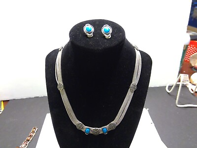 #ad Vintage Multi Strand Sterling Silver Necklace w Blue Turquoise amp; Earrings Set $129.99