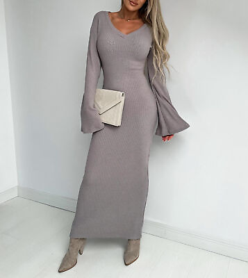 #ad Womens Elegant V Neck Loose Long Flare Sleeves Slim Fit Knitted Sweater Dress $28.92