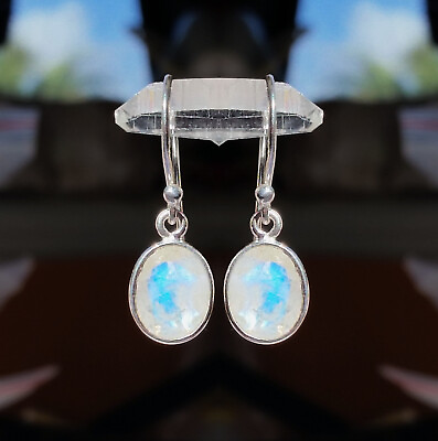 #ad 315c Rainbow Moonstone Solid 925 Sterling Silver Oval Faceted Gemstone Earring AU $26.00
