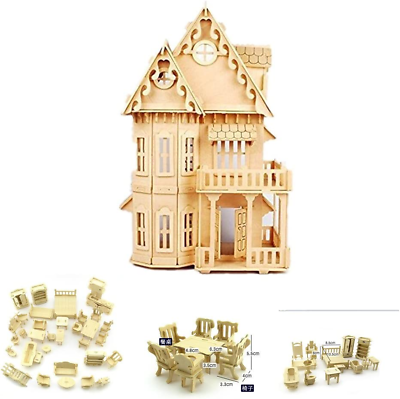 #ad 17″ Wooden Dream Dollhouse 2 Floors with Furnitures DIY Kits $47.99