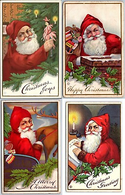 #ad Lot of 4 SANTA CLAUS with Toys Chimney Sled Antique Christmas Postcards Set h786 $59.95