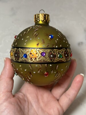 #ad Vintage Christmas Ornament Hand Painted Faux Gems Textured Bling Green Gold Tone $17.99