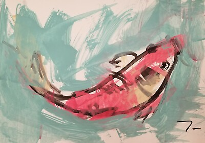 #ad JOSE TRUJILLO Acrylic Painting Primitive Expressionism FISH FISHING KOI 13X19quot; $229.00