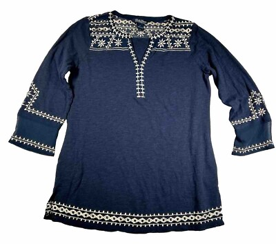 #ad Lucky Brand Shirt Womens S Navy Tunic Pullover Embroidery Semi Sheer Panels Boho $12.99