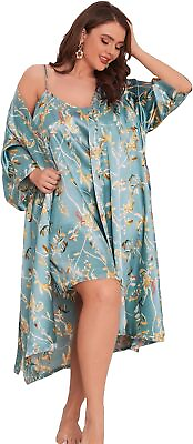 #ad WDIRARA Women#x27;s Plus Satin Pajamas Short Nightgown and 3 4 Sleeve Belted Silk Ro $69.86
