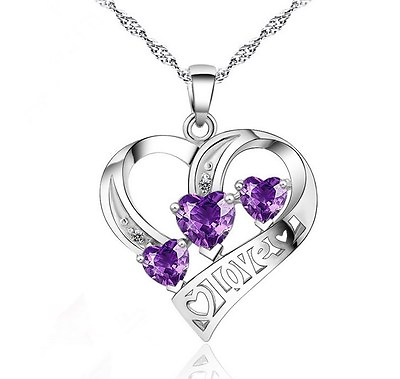 #ad Sterling Silver Heart Love CZ Amethyst Pendant Necklace 18quot; Chain Gift Box E7 $8.95