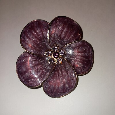 #ad Vintage Large Pearlized Purple Enamel Flower With Rhinestone Center Brooch Pin $30.00