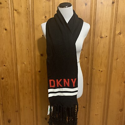 #ad DKNY Women’s Black Scarf With Tassel Fringe One Size Black amp; Red Logo NWT $9.21