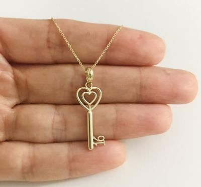 #ad 10K Solid Gold Key Heart Sweet 16 Pendant Solid Gold Necklace K7289 $65.99