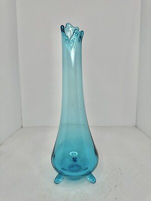 #ad Vintage MCM LE Smith Glass Blue 13” 3 Toe Swung Vase Stunning $79.99