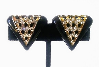 #ad Vintage Art Deco Style Clip On Earrings Chunky 80s Gold Rhinestone Black Enamel $24.99