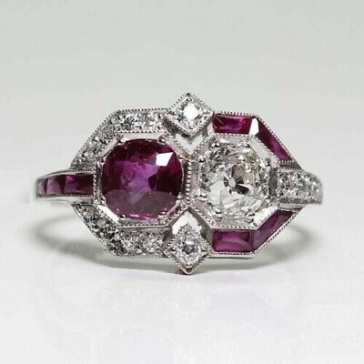 #ad Art Deco Style 3Ct Round Cut Lab Created Diamond amp; Ruby Engagement Silver Ring $78.75
