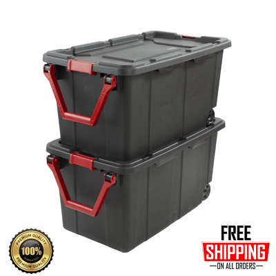 #ad Sterilite 40 Gallon Wheeled Industrial Tote Plastic Black Set of 2 Storage Boxes $56.68
