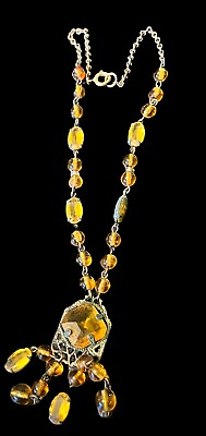 #ad CZECH YELLOW STONE NECKLACE TONE ART DECO AS IS $30.00