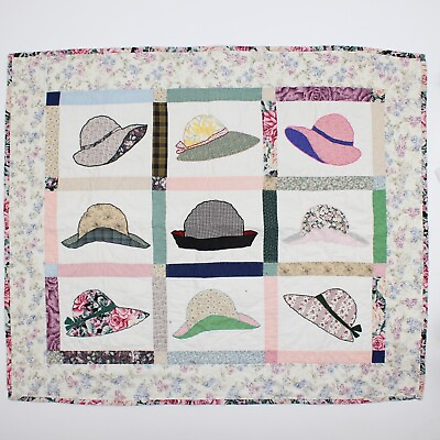 #ad Baby Quilt Blanket Hand Made Hats Stitched Design Floral Vintage 37x 43 $29.99