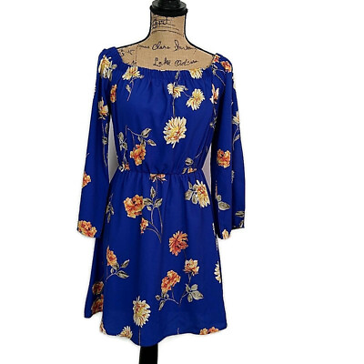 #ad Altard State Womens sz M Dress Blue Floral Square Neck Tie Bell Sleeve Short $15.00