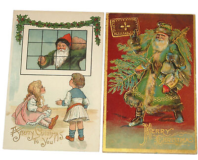 #ad 2 Vintage Christmas Postcards w Santa Claus Early 1900’s Germany Colorful Gold $29.95