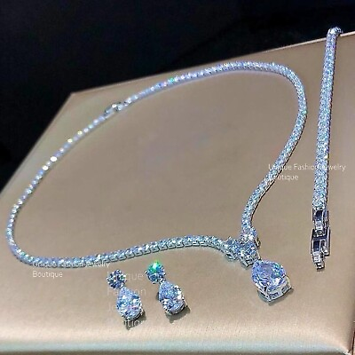 #ad #ad 18k Platinum Plated Tennis Necklace Earrings Bracelet made w Swarovski Crystal $147.00