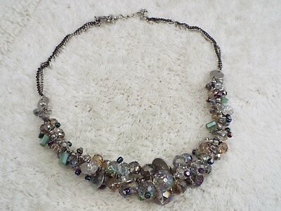 #ad Silvertone Crystal Glass Cluster Bead Necklace D9 $11.98