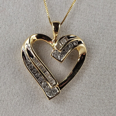 #ad 10K Gold Heart Pendant Diamonds Baguettes and Round amp; 18 in Chain 2.2g 7421 $234.95