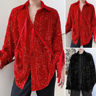 #ad INCERUN Mens Buttons Long Sleeve Glitter Loose Tops Party Shirt Clubwear Blouse $26.59