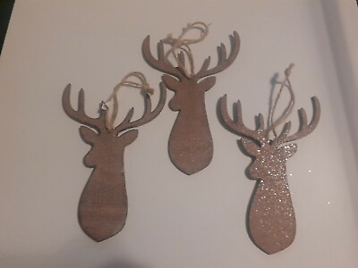 #ad ⭐ 3 Brown Deer Silhouette Christmas Ornaments Wooden Q3 $7.50
