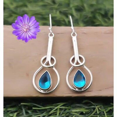 #ad Handmade Gift For Her Blue Topaz Drop Dangle Earrings 925 Silver Jewelry Women $9.19