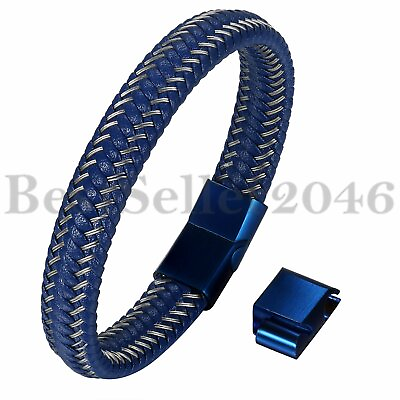 #ad Men Blue Braided Leather Stainless Steel Magnetic Clasp Size Adjustable Bracelet $11.99