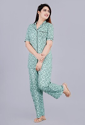 #ad Women Pajama Set Short Sleeve Shirt Pants Night Dress Green Floral Set $39.20