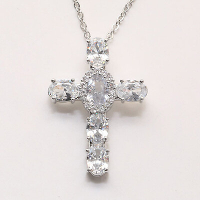 Fashion Jewelry Gift White Fire Topaz Gems Silver Cross Charm Necklace Pendants $6.80