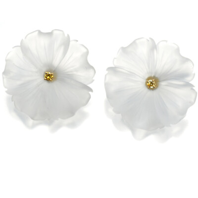 #ad Quartz Yellow Diamond Flower Earrings 14K 585 White Gold 18K 750 Yellow Gold $311.01