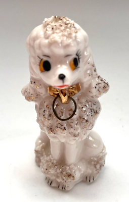 #ad Vintage Spaghetti Poodle Dog w Eyelashes Miniature Figurine White w Gold Collar $15.08