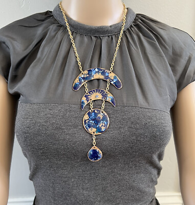#ad Signed Vintage HOBE Blue Enamel Gold Layered Tiered Pendant Necklace Repose #13 $349.99