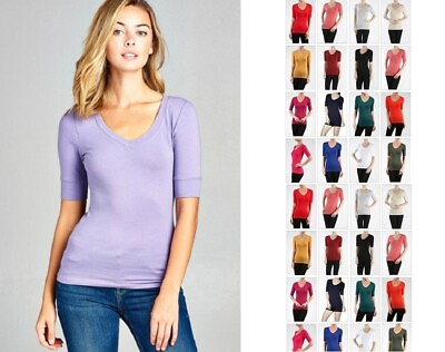 #ad Women Basic V NECK Elbow SHORT Sleeve T Shirt Top Cotton Stretch REG N PLUS S 3X $11.99