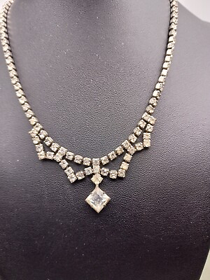 #ad Prong Set vintage Rhinestone Necklace princess prom wedding day 16quot; unsigned $28.00