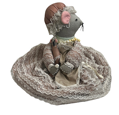 #ad vintage handmade mouse doll Cottagecore Decor lace dress Mother 70s $19.49