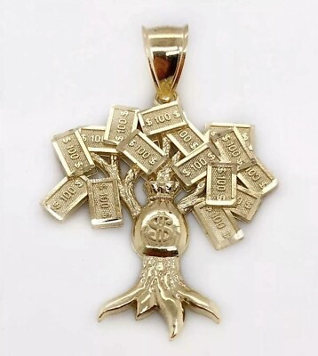 #ad 14k Yellow Gold Plated Men#x27;s Dollar Money Tree Solid Pendant in 925 Silver $213.74