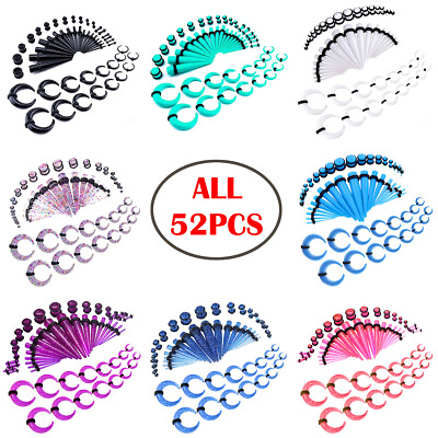 #ad 16 52PCS Acrylic Ear Gauges Stretching Kit 14G 00G Crescent Buffalo Tapers Plugs $8.99