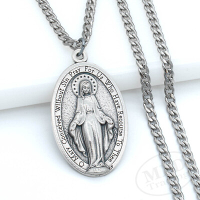 #ad Authentic Italian Miraculous Medal Pendant Necklace w Stainless Steel Curb Chain $14.99