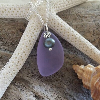 #ad Handmade in Hawaii Purple sea glass necklace Fresh water purple pearl gift $36.98