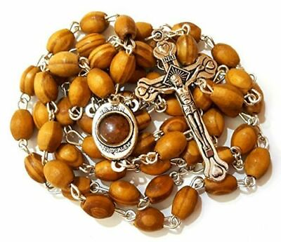 #ad Blessed Catholic Rosary Necklace Olive Wood Oval Beads Jerusalem Soil Crucifix $9.45