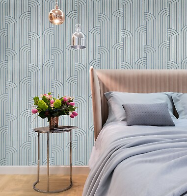 #ad Textured Silver metallic blue art deco lines faux fabric modern wallpaper rolls $176.00
