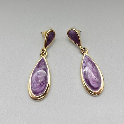#ad Earrings Boho Purple Enamel Marbled Swirl Gold Tone Teardrop 2 Inch Drop Dangle $9.99
