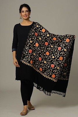 #ad Black Indian Wool Shawl Embroidered Pink Orange Flowers amp; Gold Vine Pashmina Ari $30.59